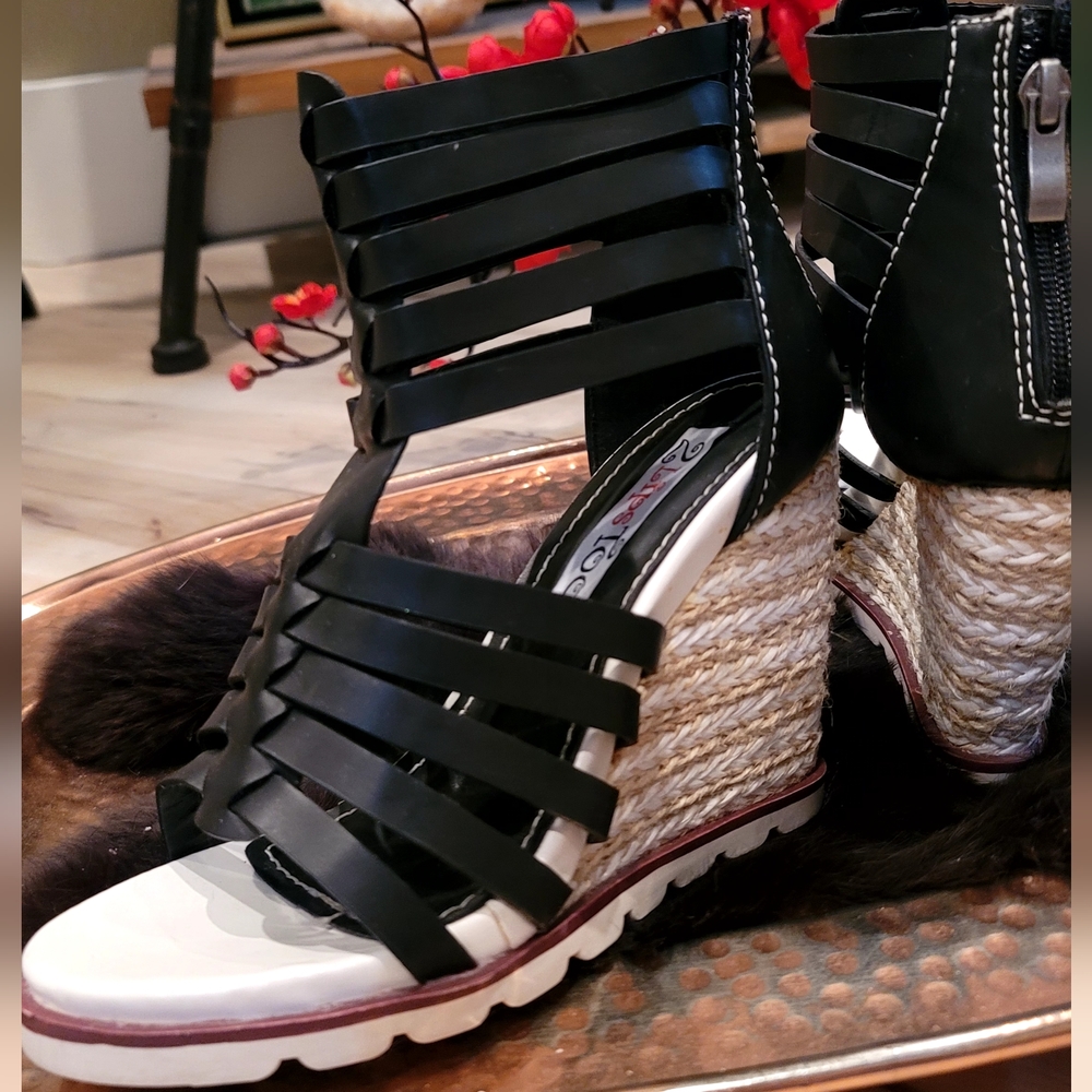 2 Lips Too Black and White Gladiator Wedges